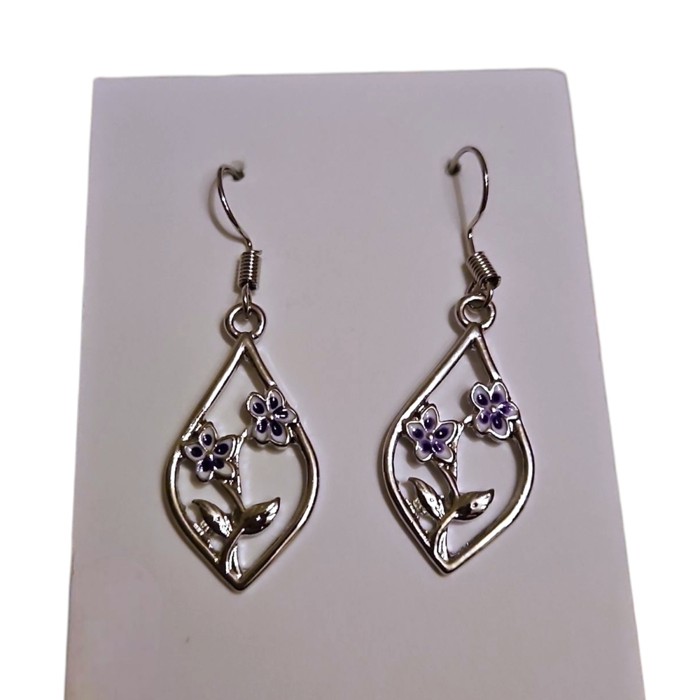 Silver and Purple Floral Teardrop Shaped Earrings
